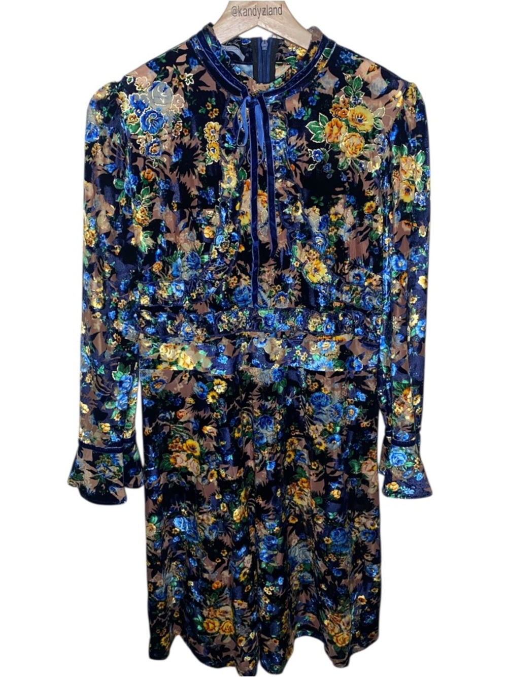 DALIA MACPHEE Women's Floral Velvet Burnout Design Ruffle Accent Flared Dress